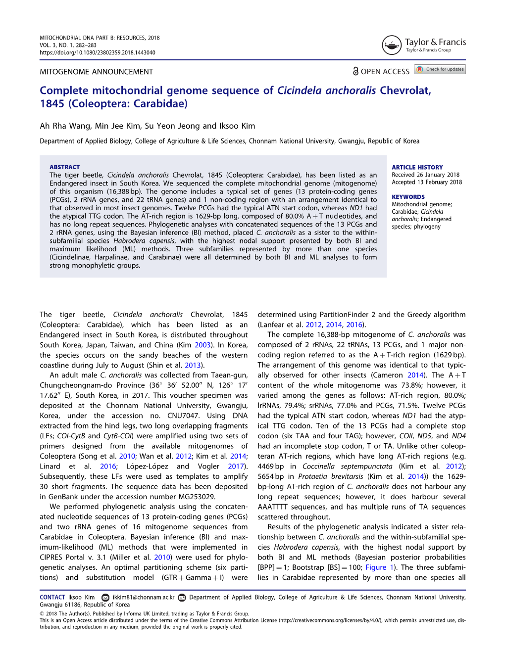 Complete Mitochondrial Genome Sequence of Cicindela Anchoralis Chevrolat, 1845 (Coleoptera: Carabidae)