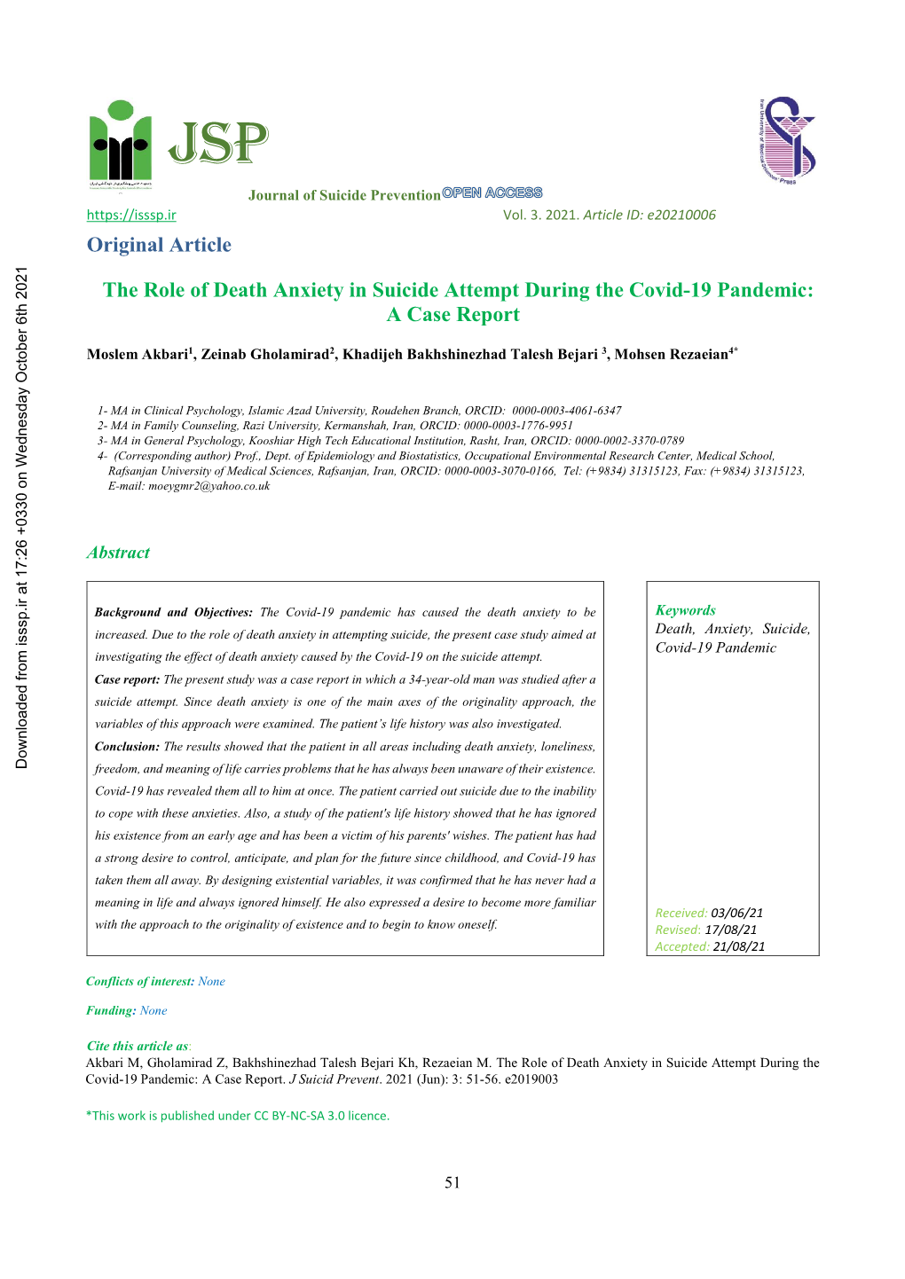 The Role of Death Anxiety in Suicide Attempt During the Covid-19 Pandemic: a Case Report