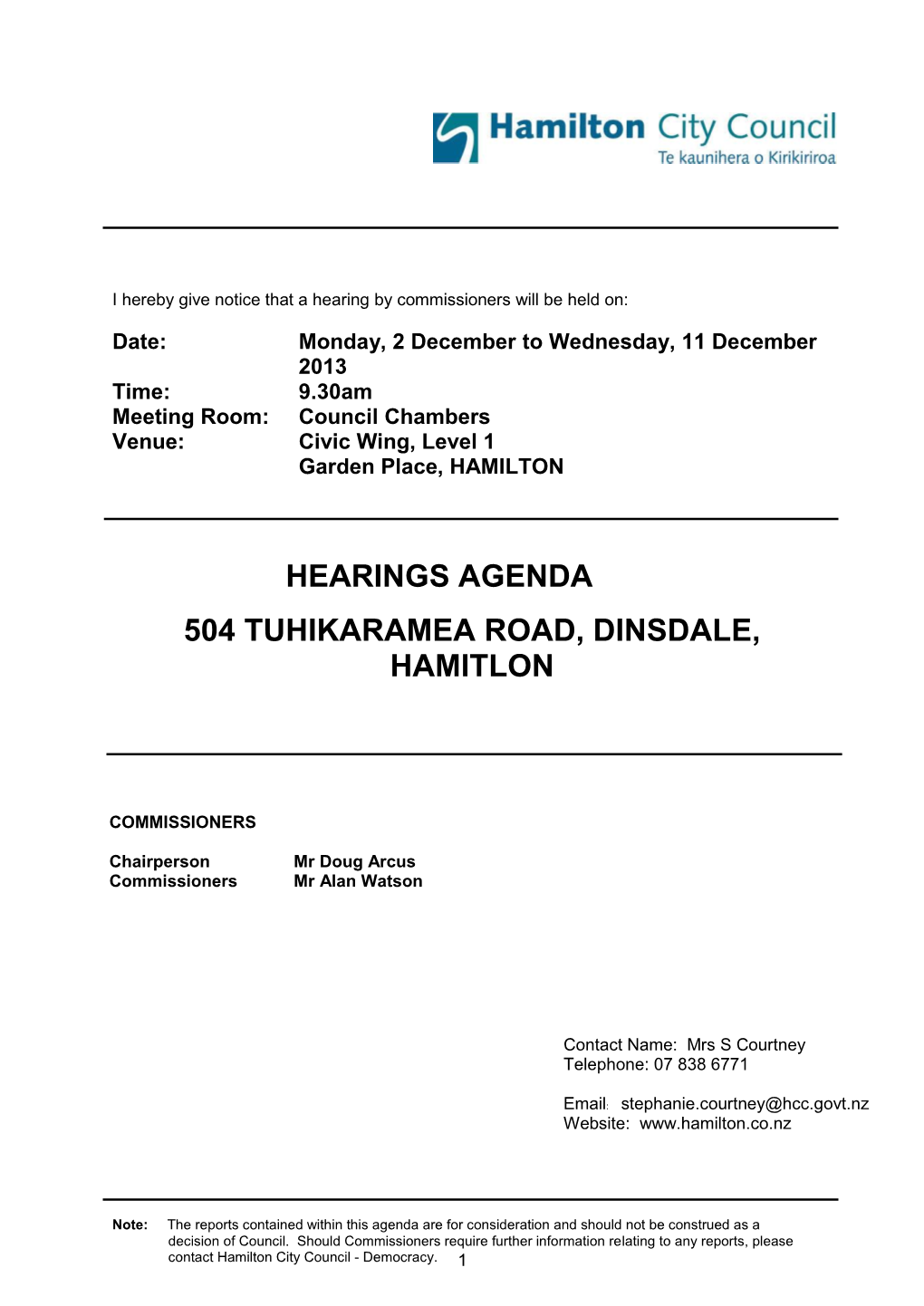 Hearings Agenda 504 Tuhikaramea Road, Dinsdale, Hamitlon