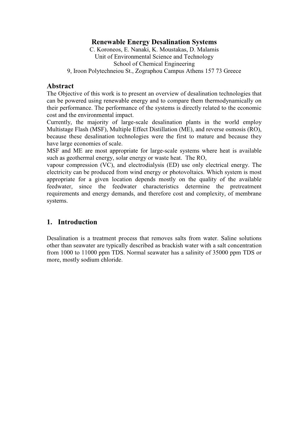 Renewable Energy Desalination Systems C