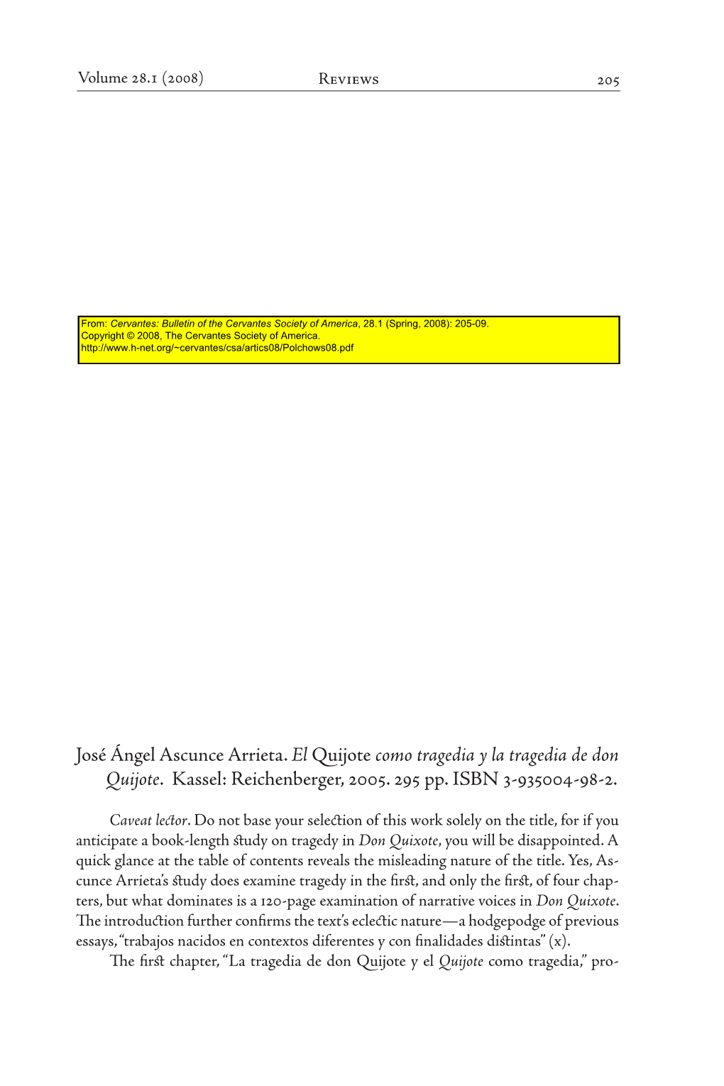 Review of José Ángel Ascunce Arrieta's Book: El Quijote Como