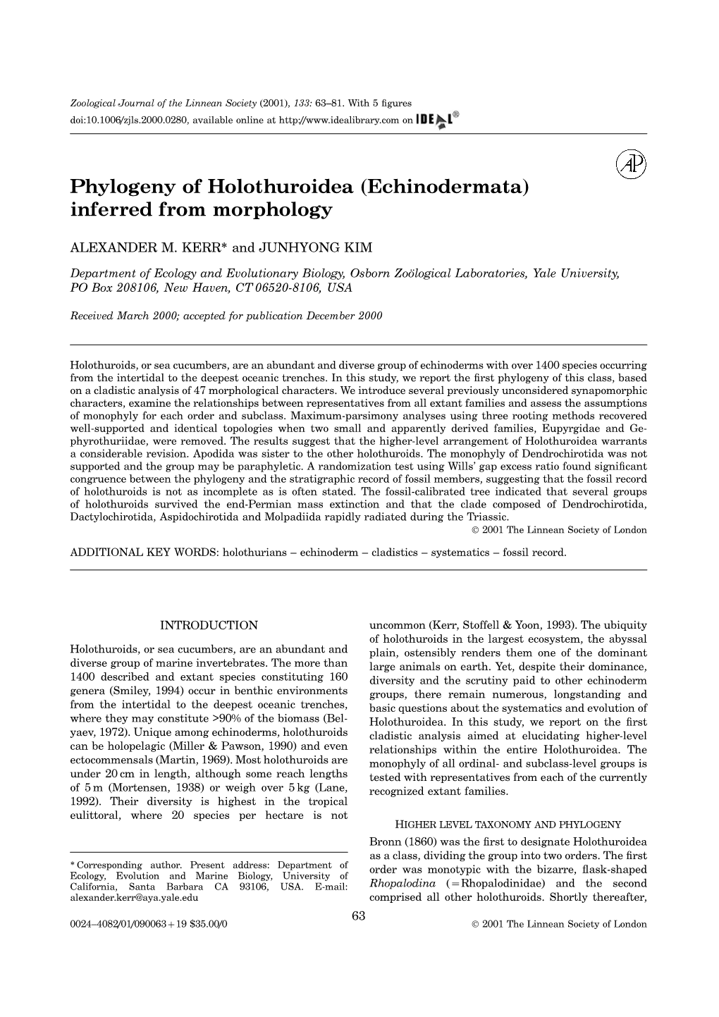 Phylogeny of Holothuroidea (Echinodermata) Inferred from Morphology