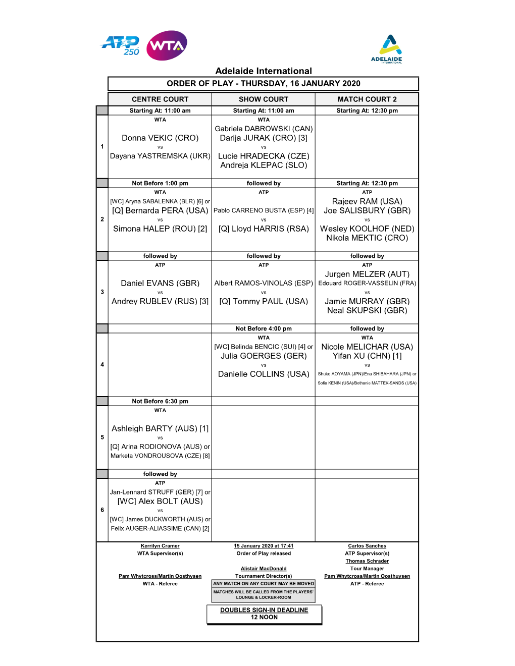 Adelaide International ORDER of PLAY - THURSDAY, 16 JANUARY 2020