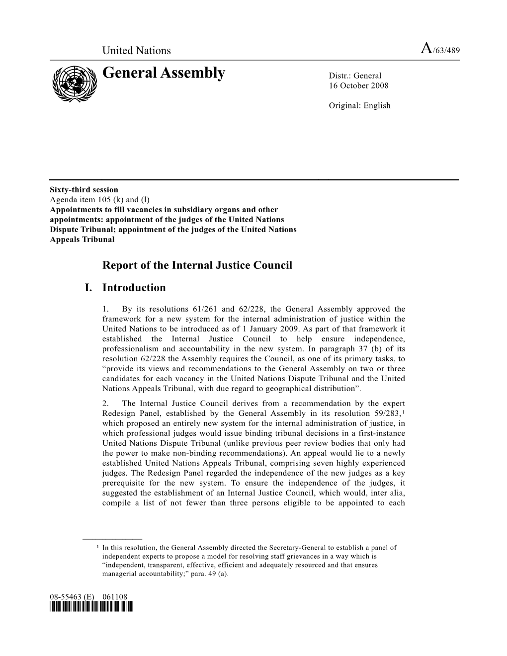 General Assembly Distr.: General 16 October 2008