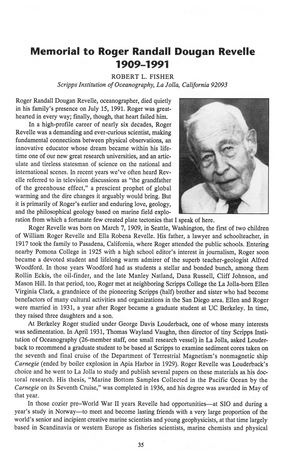 Memorial to Roger Randall Dougan Revelle 1909-1991 ROBERT L