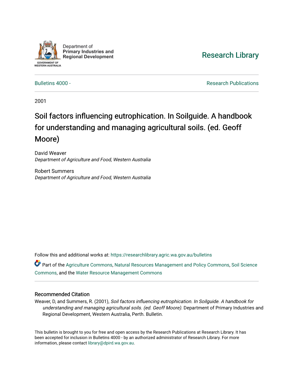 Soil Factors Influencing Eutrophication. in Soilguide. a Handbook for Understanding and Managing Agricultural Soils