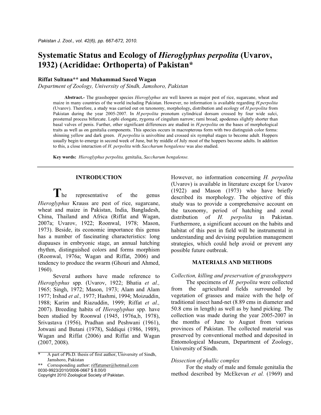 Systematic Status and Ecology of Hieroglyphus Perpolita (Uvarov, 1932) (Acrididae: Orthoperta) of Pakistan*