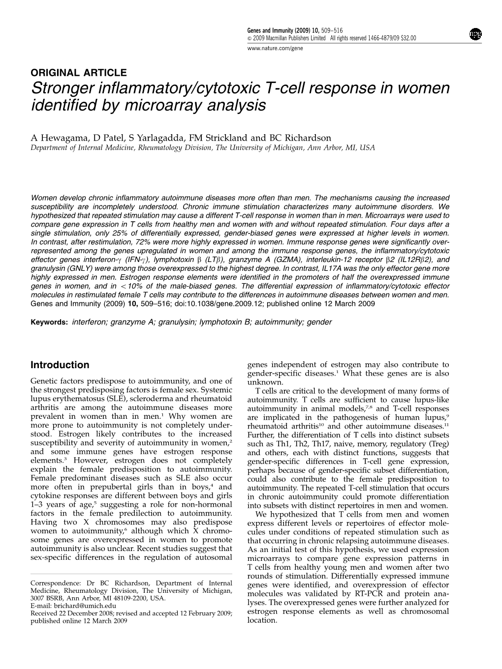 Stronger Inflammatory/Cytotoxic T-Cell Response in Women Identified by Microarray Analysis