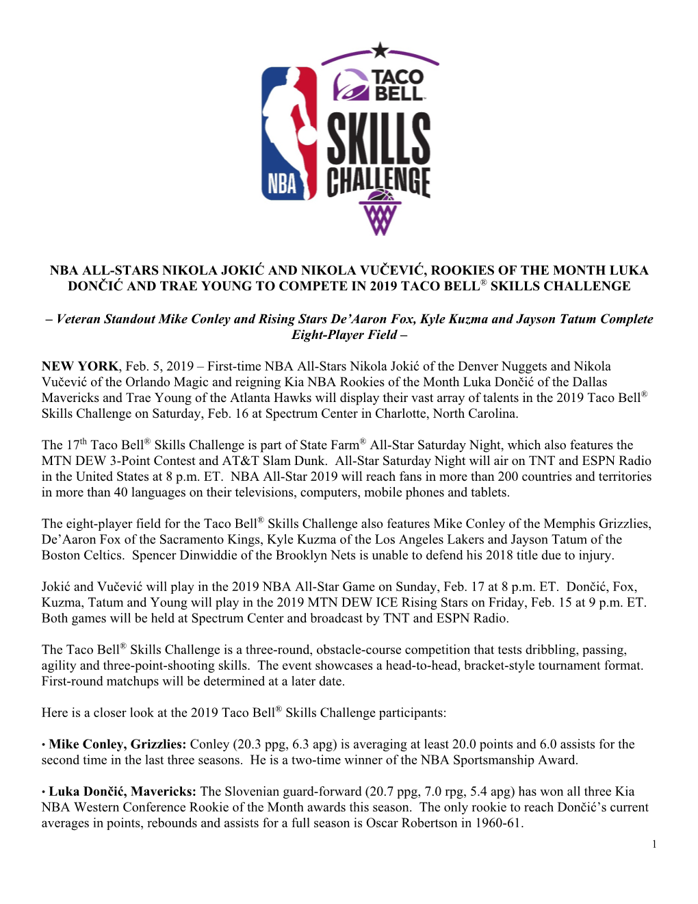 Nba All-Stars Nikola Jokić and Nikola Vučević, Rookies of the Month Luka Dončić and Trae Young to Compete in 2019 Taco Bell® Skills Challenge