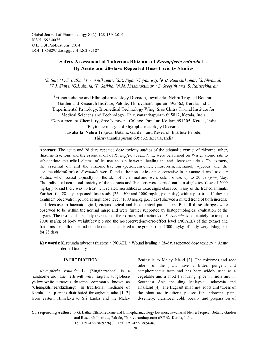Safety Assessment of Tuberous Rhizome of Kaempferia Rotunda L