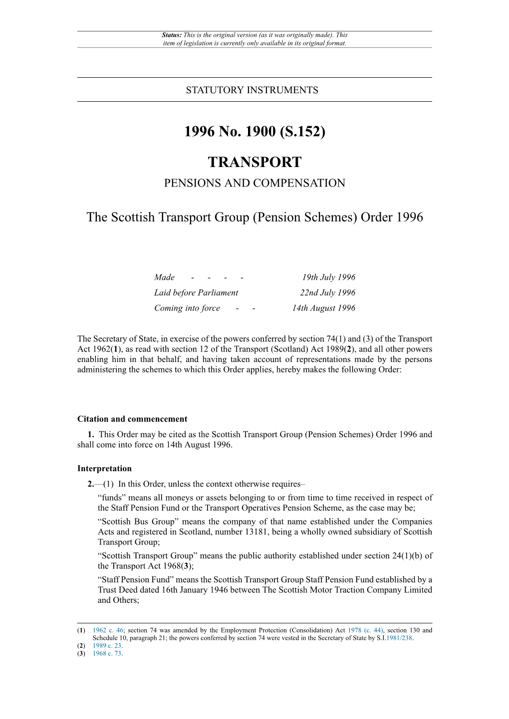 The Scottish Transport Group (Pension Schemes) Order 1996