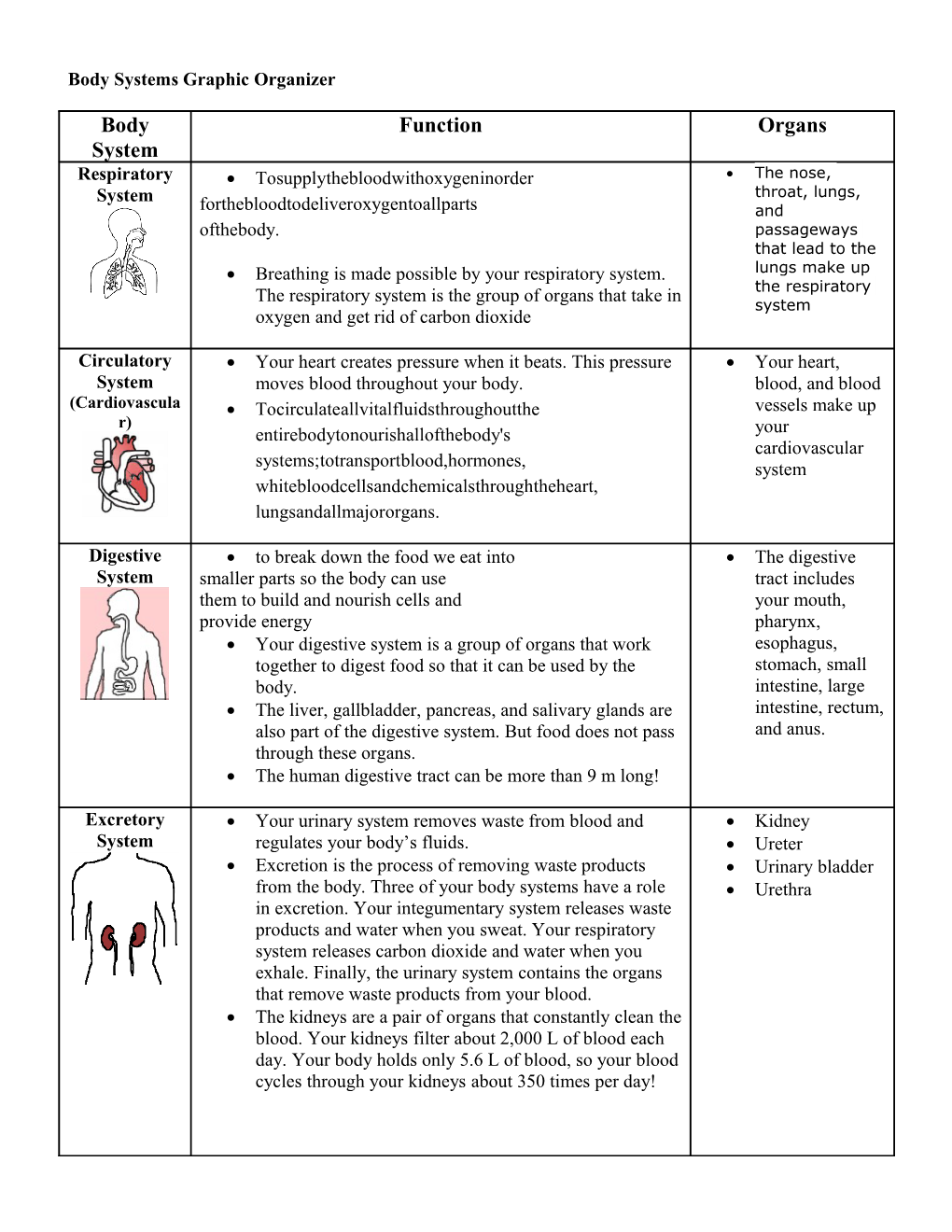 Human Body Systems Graphic Organizer