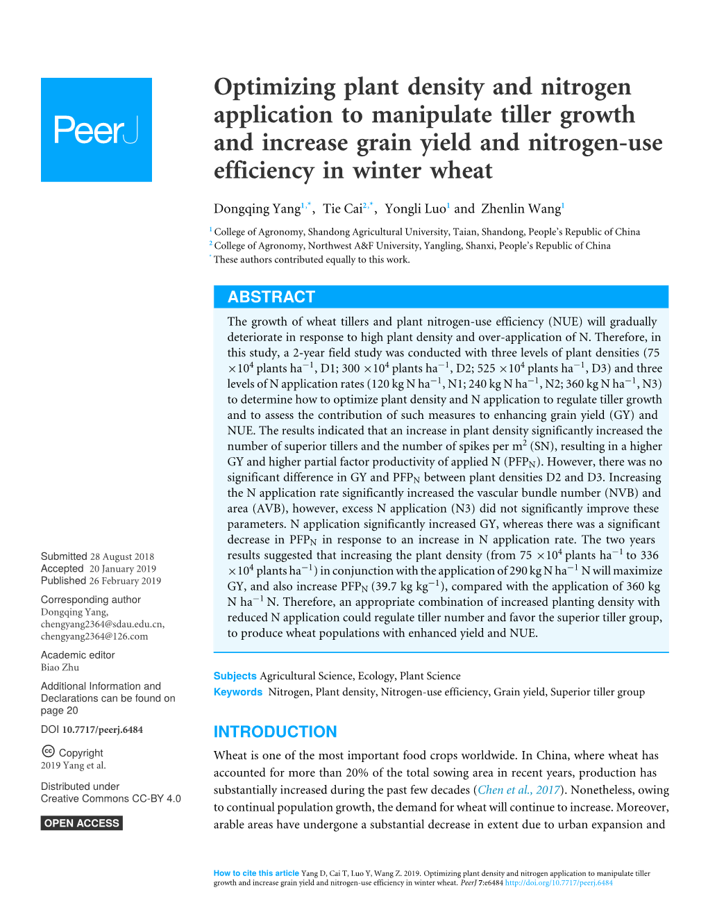 Optimizing Plant Density and Nitrogen Application to Manipulate Tiller Growth and Increase Grain Yield and Nitrogen-Use Efficiency in Winter Wheat