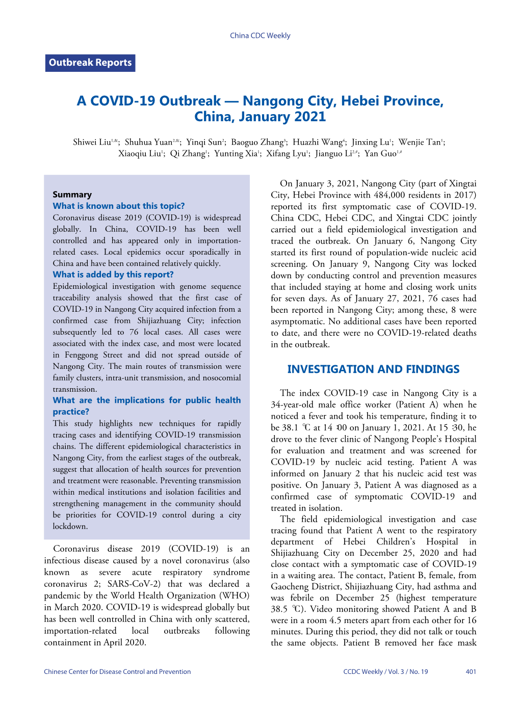 A COVID-19 Outbreak — Nangong City, Hebei Province, China, January 2021