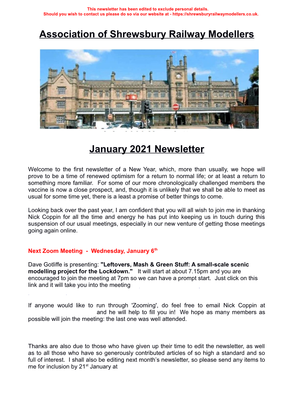 Association of Shrewsbury Railway Modellers January 2021 Newsletter