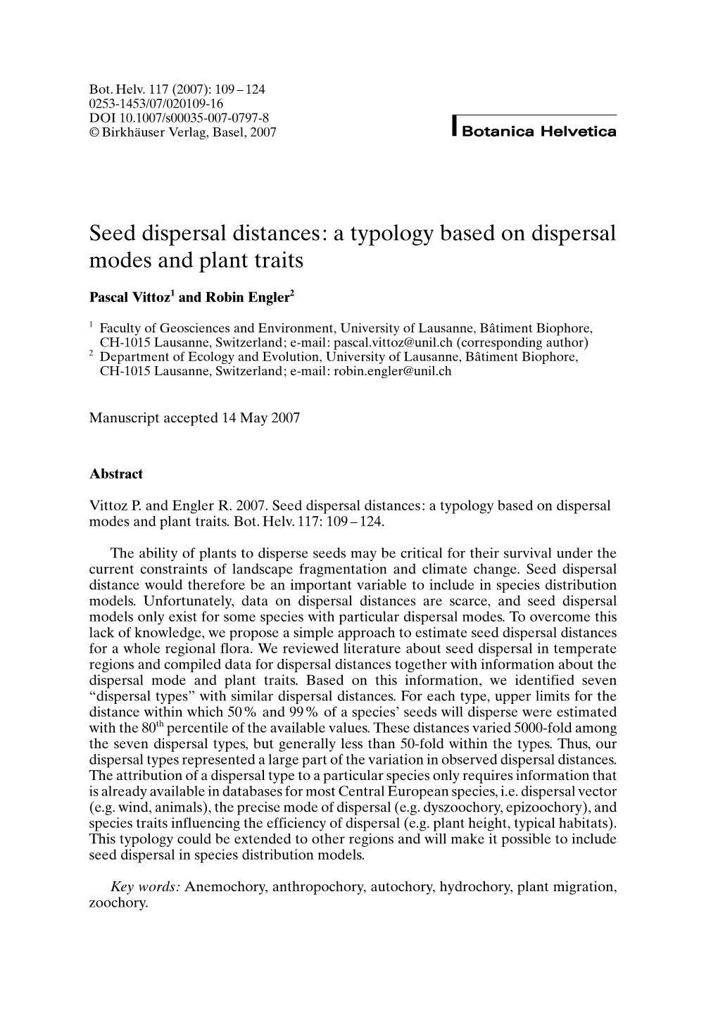 Seed Dispersal Distances: a Typology Based on Dispersal Modes and Plant Traits