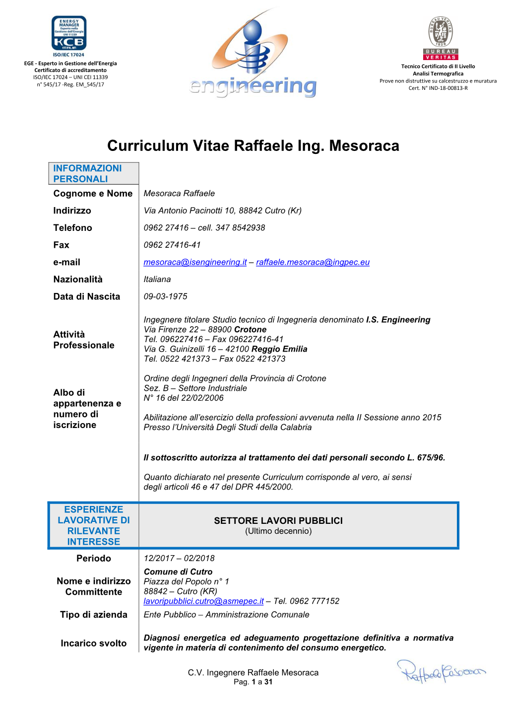 Curriculum Vitae Raffaele Ing. Mesoraca