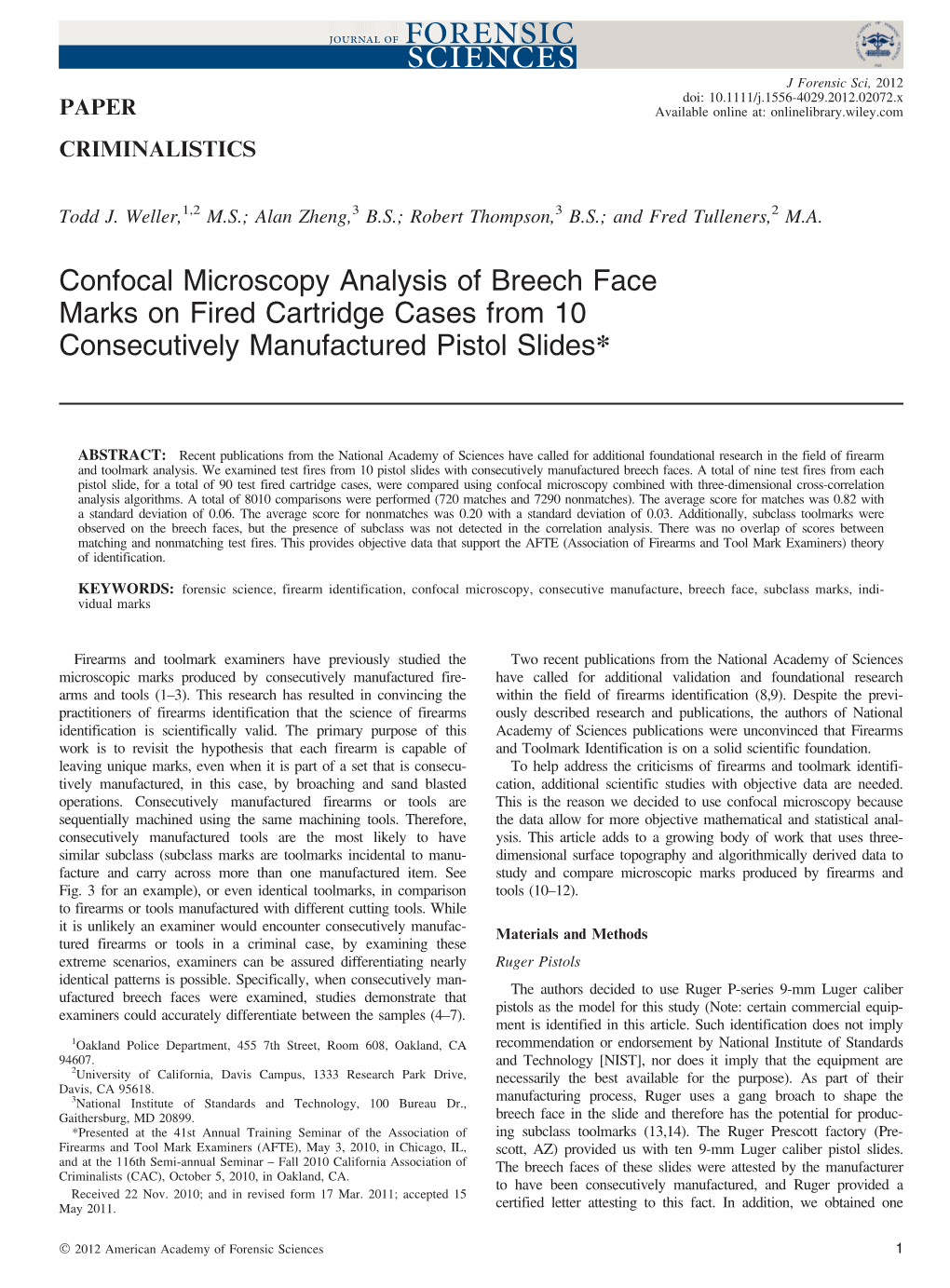 Confocal Microscopy Analysis of Breech Face Marks on Fired Cartridge Cases from 10 Consecutively Manufactured Pistol Slides*