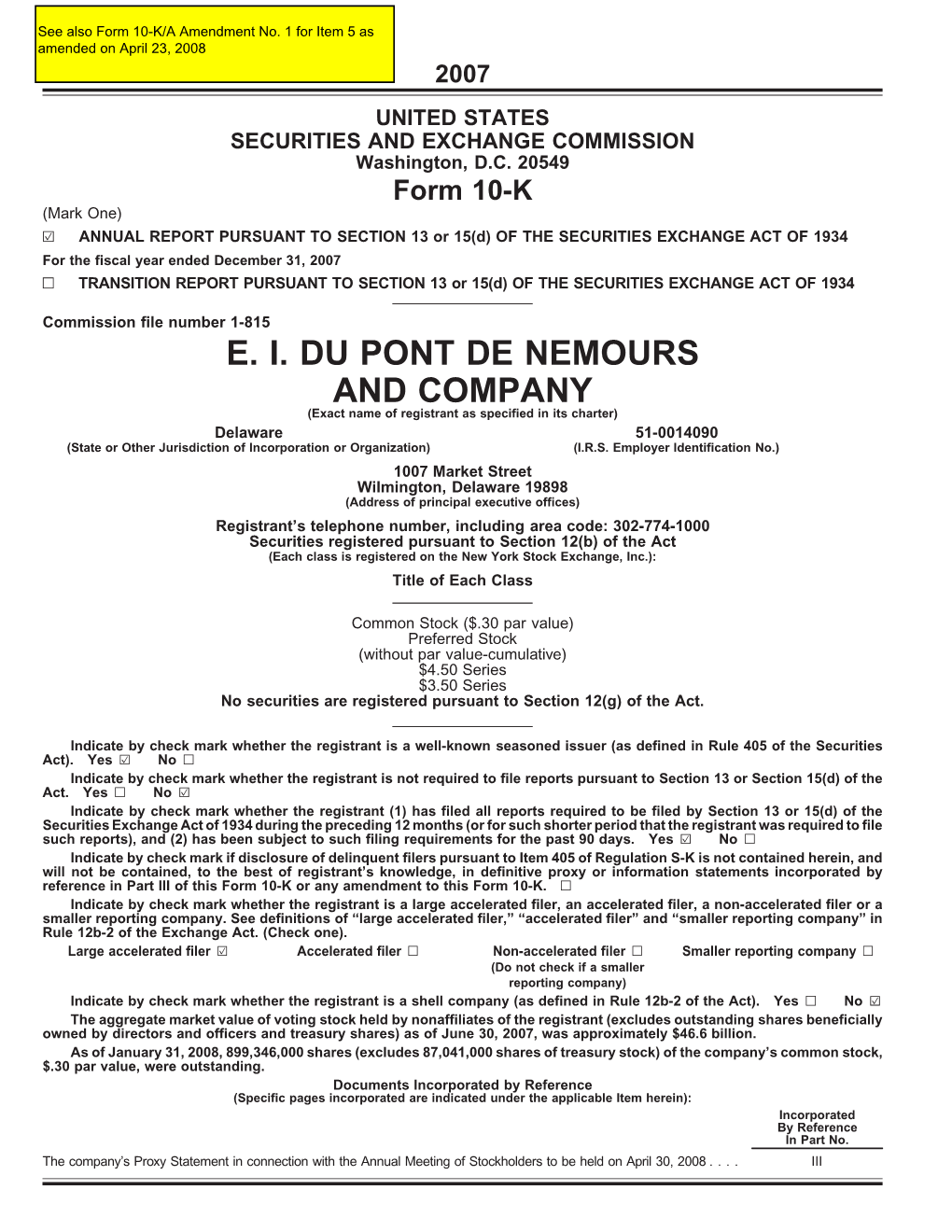 E. I. Du Pont De Nemours and Company