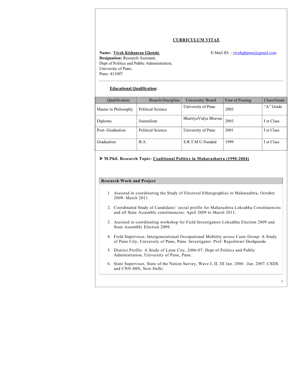 CURRICULUM VITAE Name: Vivek Kishanrao Ghotale E-Mail ID