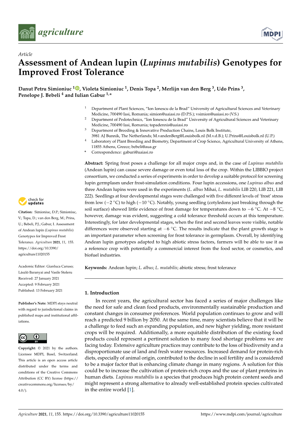 Lupinus Mutabilis) Genotypes for Improved Frost Tolerance