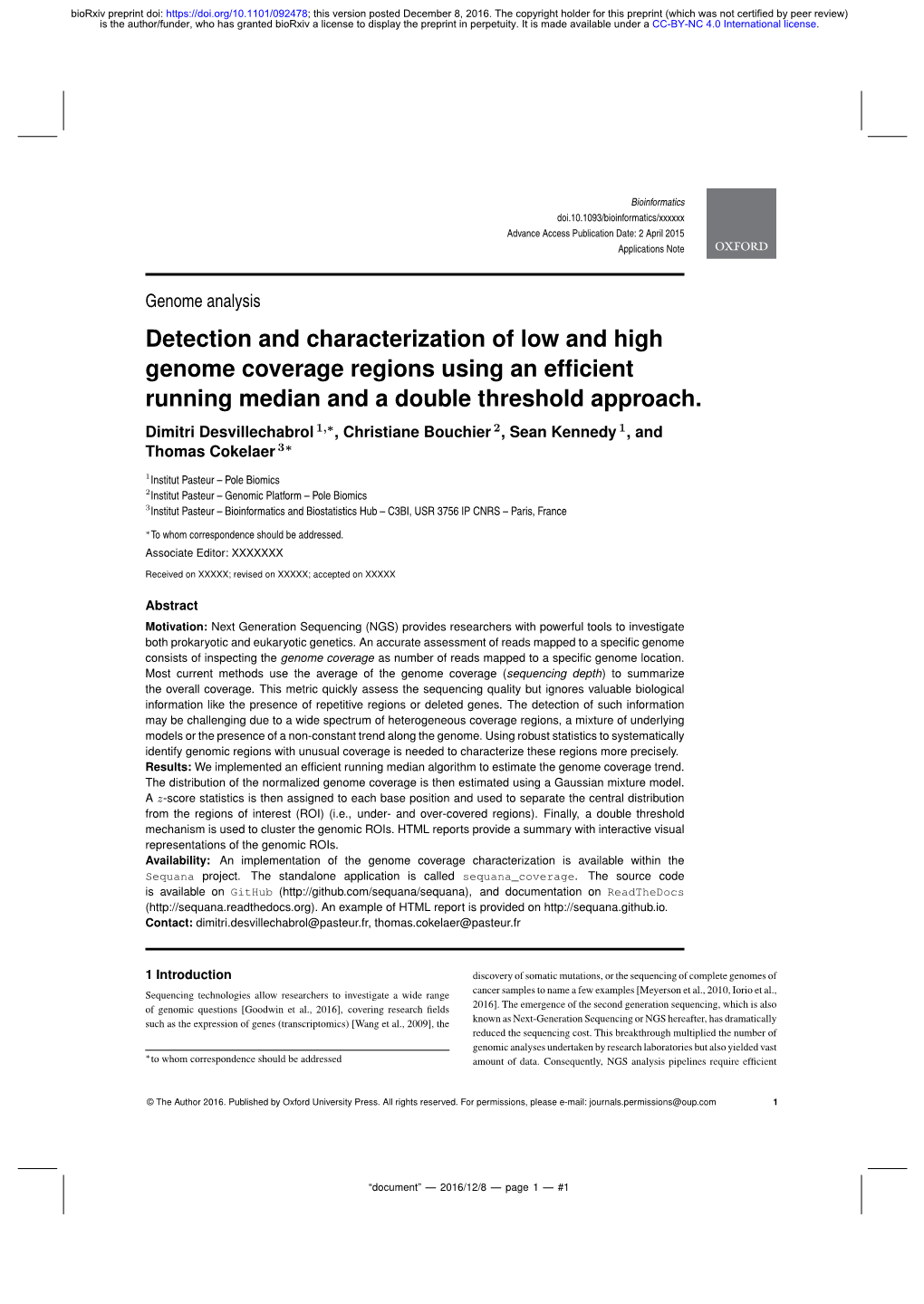 Detection and Characterization of Low and High Genome Coverage Regions Using an Efﬁcient Running Median and a Double Threshold Approach