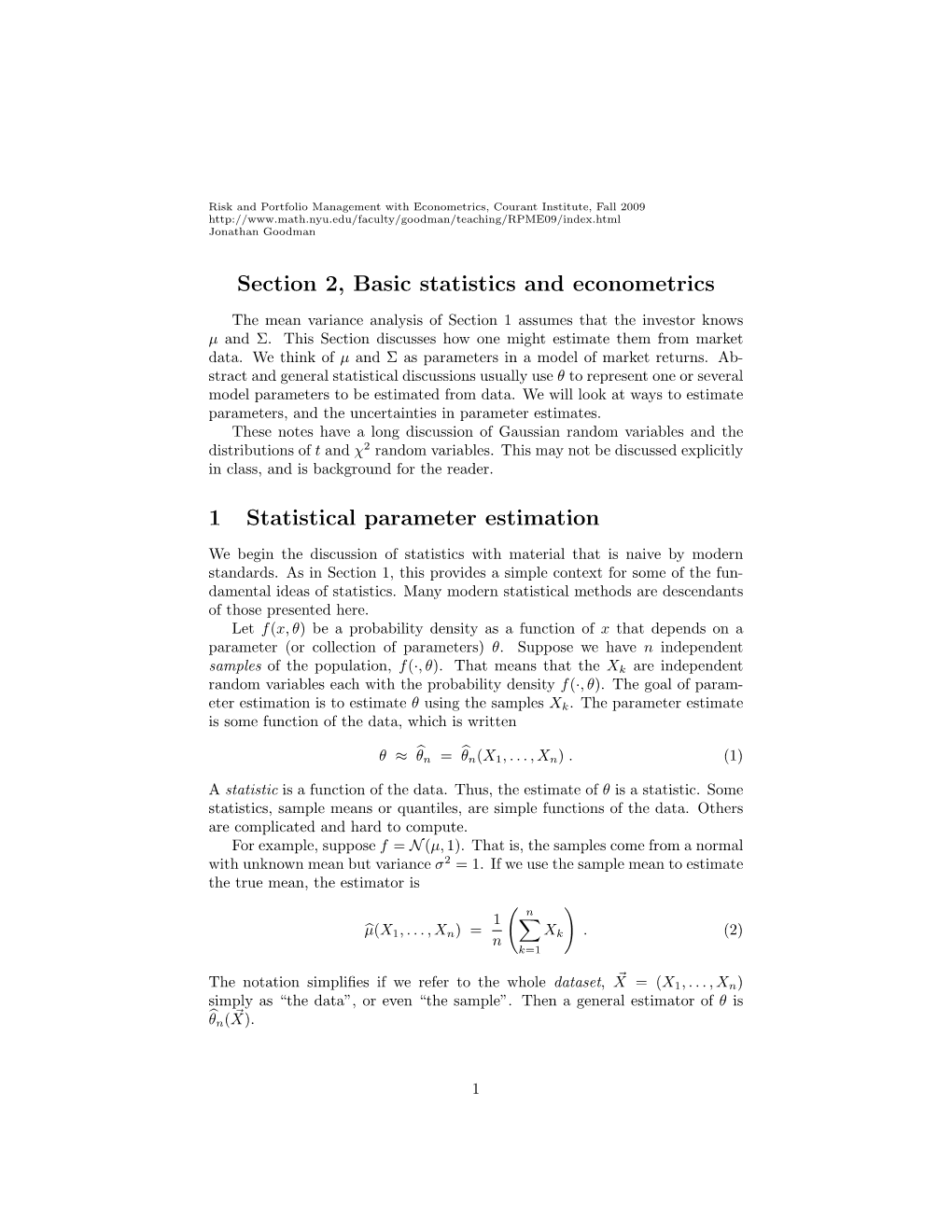 Section 2, Basic Statistics and Econometrics 1 Statistical