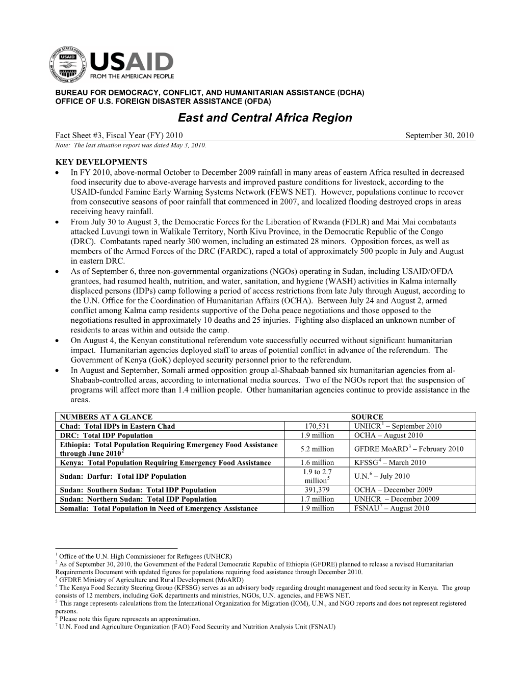 Fact Sheet #3, Fiscal Year (FY) 2010 September 30, 2010 Note: the Last Situation Report Was Dated May 3, 2010