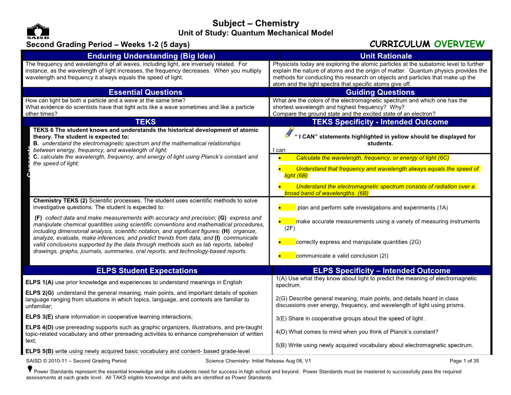 Proposed Scope and Sequence for Chemistry 2004-2005