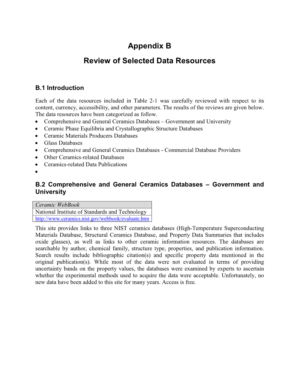 Appendix B Review of Selected Data Resources