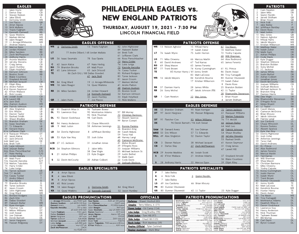 PHILADELPHIA EAGLES Vs. NEW ENGLAND PATRIOTS