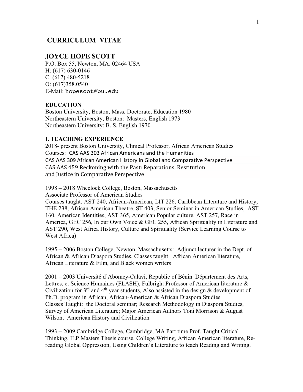 Curriculum Vitae Joyce Hope Scott