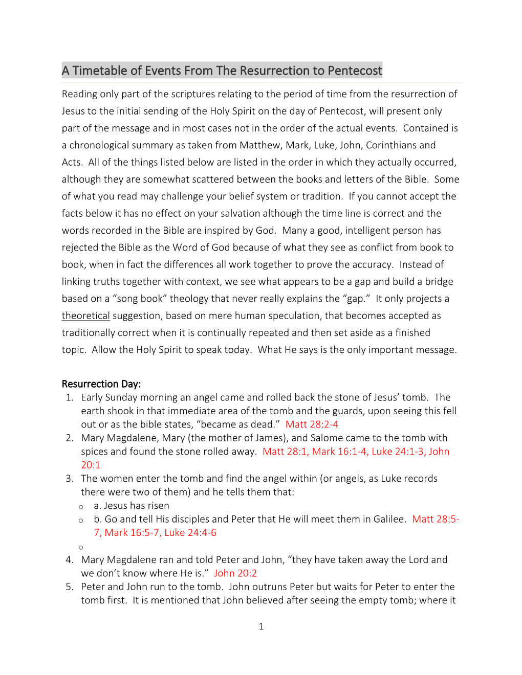 A Timetable of Events from the Resurrection to Pentecost