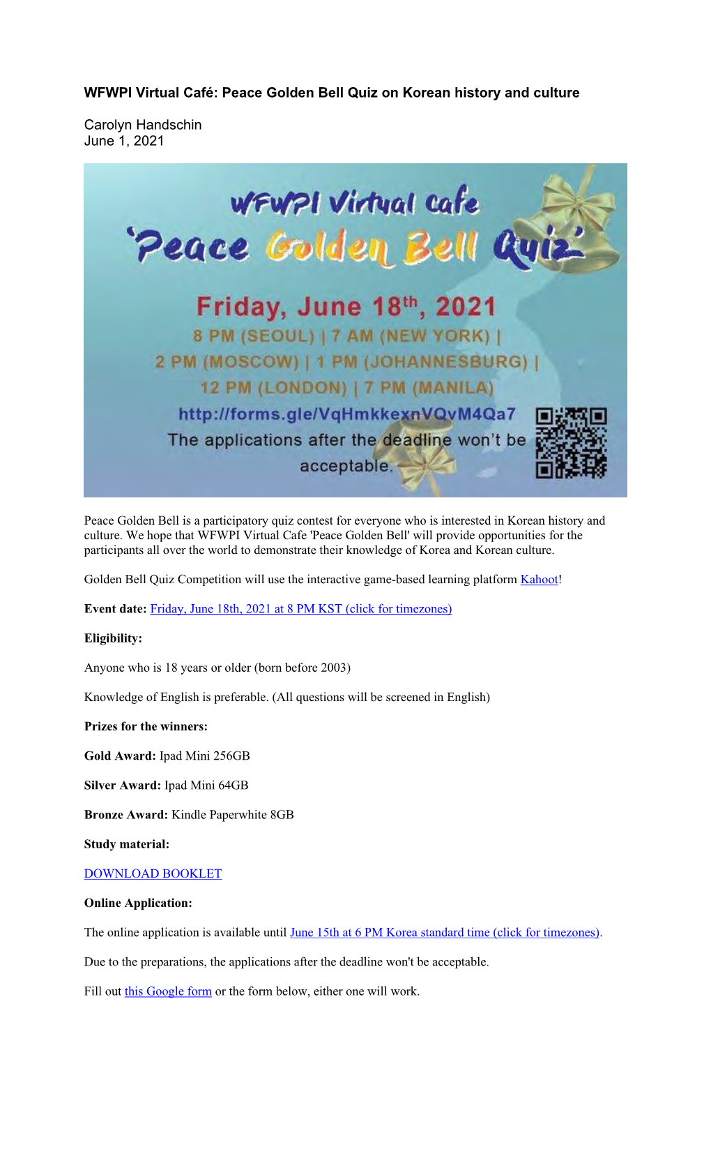WFWPI Virtual Café: Peace Golden Bell Quiz on Korean History and Culture