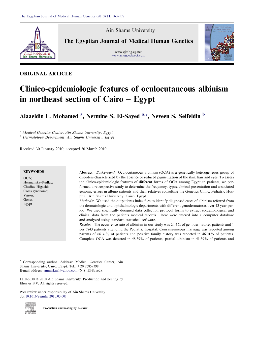 Clinico-Epidemiologic Features of Oculocutaneous Albinism in Northeast Section of Cairo – Egypt