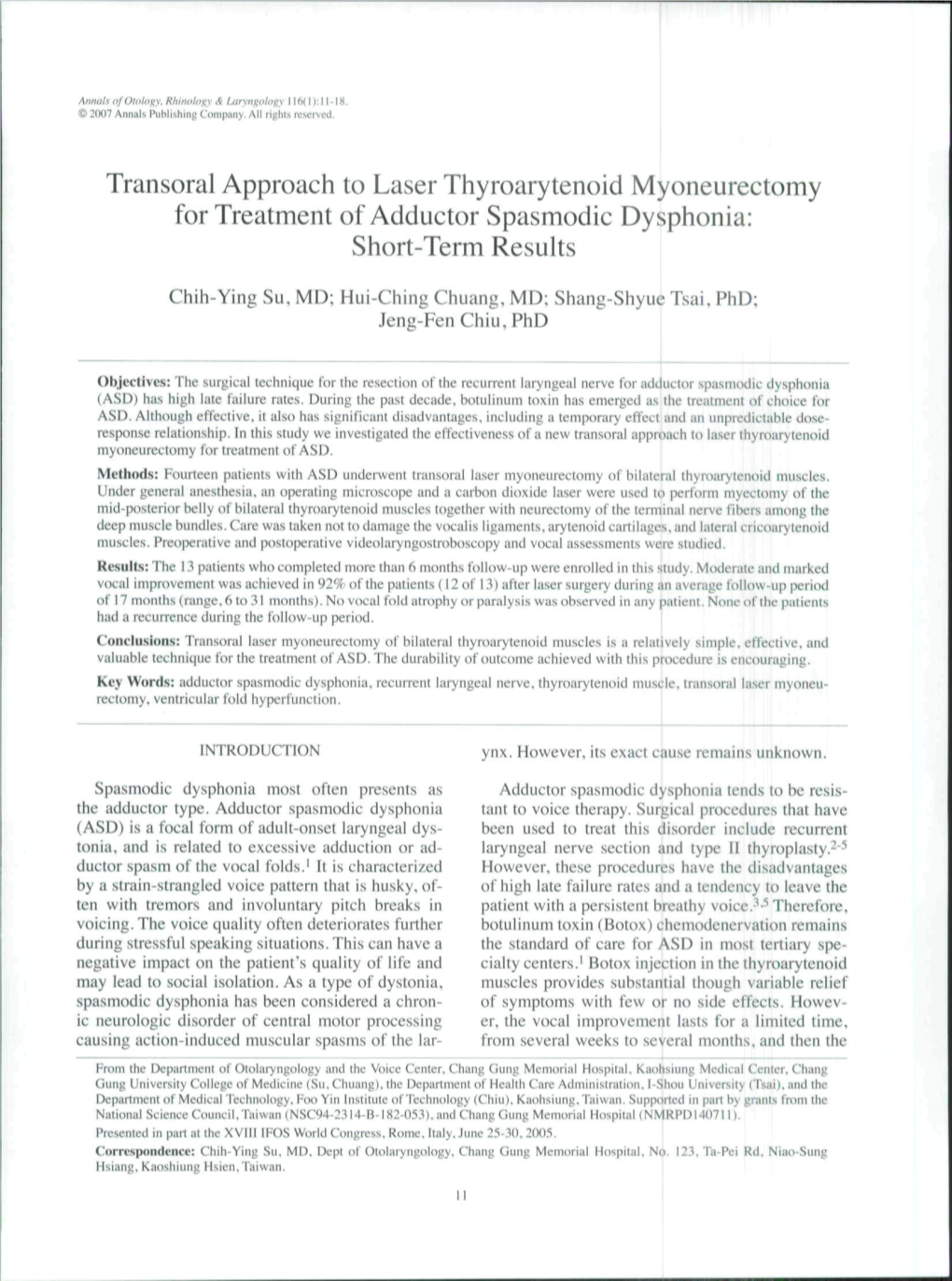 Transoral Approach to Laser Thyroarytenoid Myoneurectomy for Treatment of Adductor Spasmodic Dysphonia: Short-Term Results