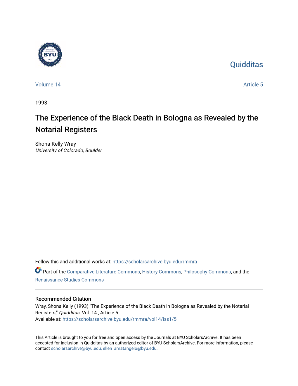 The Experience of the Black Death in Bologna As Revealed by the Notarial Registers