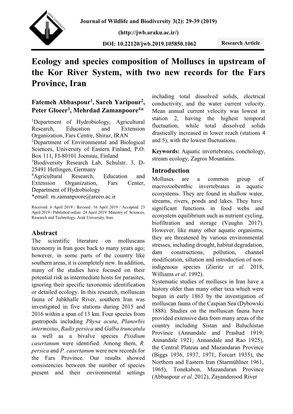 Ecology and Species Composition of Molluscs in Upstream of the Kor River System, with Two New Records for the Fars Province, Iran