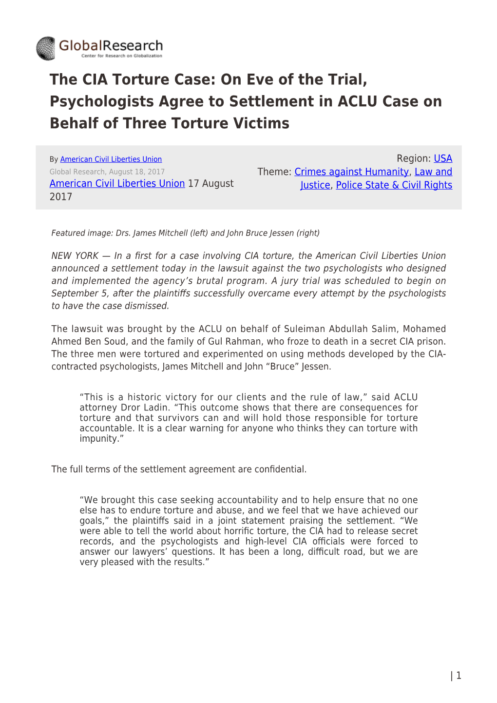 The CIA Torture Case: on Eve of the Trial, Psychologists Agree to Settlement in ACLU Case on Behalf of Three Torture Victims