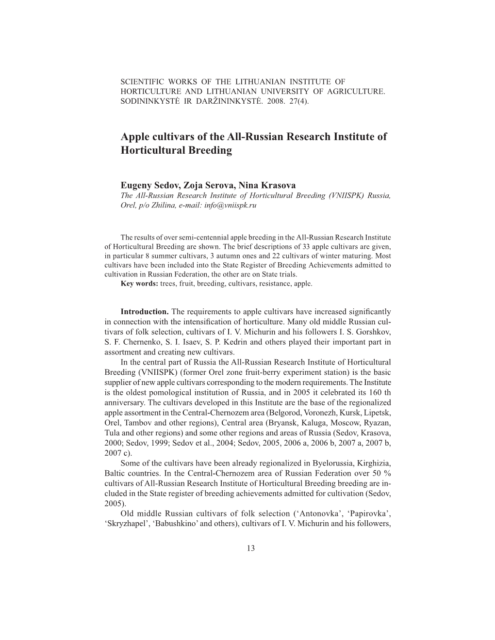 Apple Cultivars of the All-Russian Research Institute of Horticultural Breeding