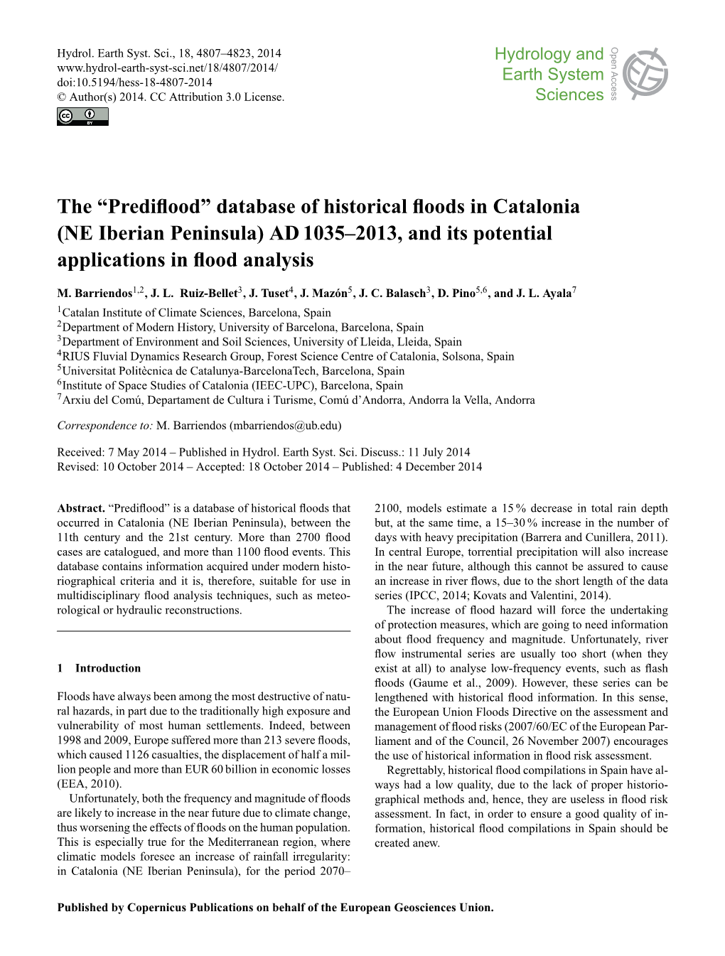 The “Prediflood” Database of Historical Floods in Catalonia (NE Iberian