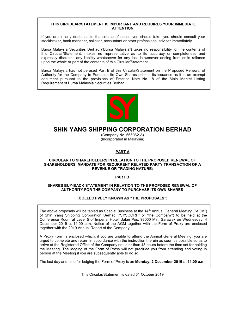 SHIN YANG SHIPPING CORPORATION BERHAD (Company No