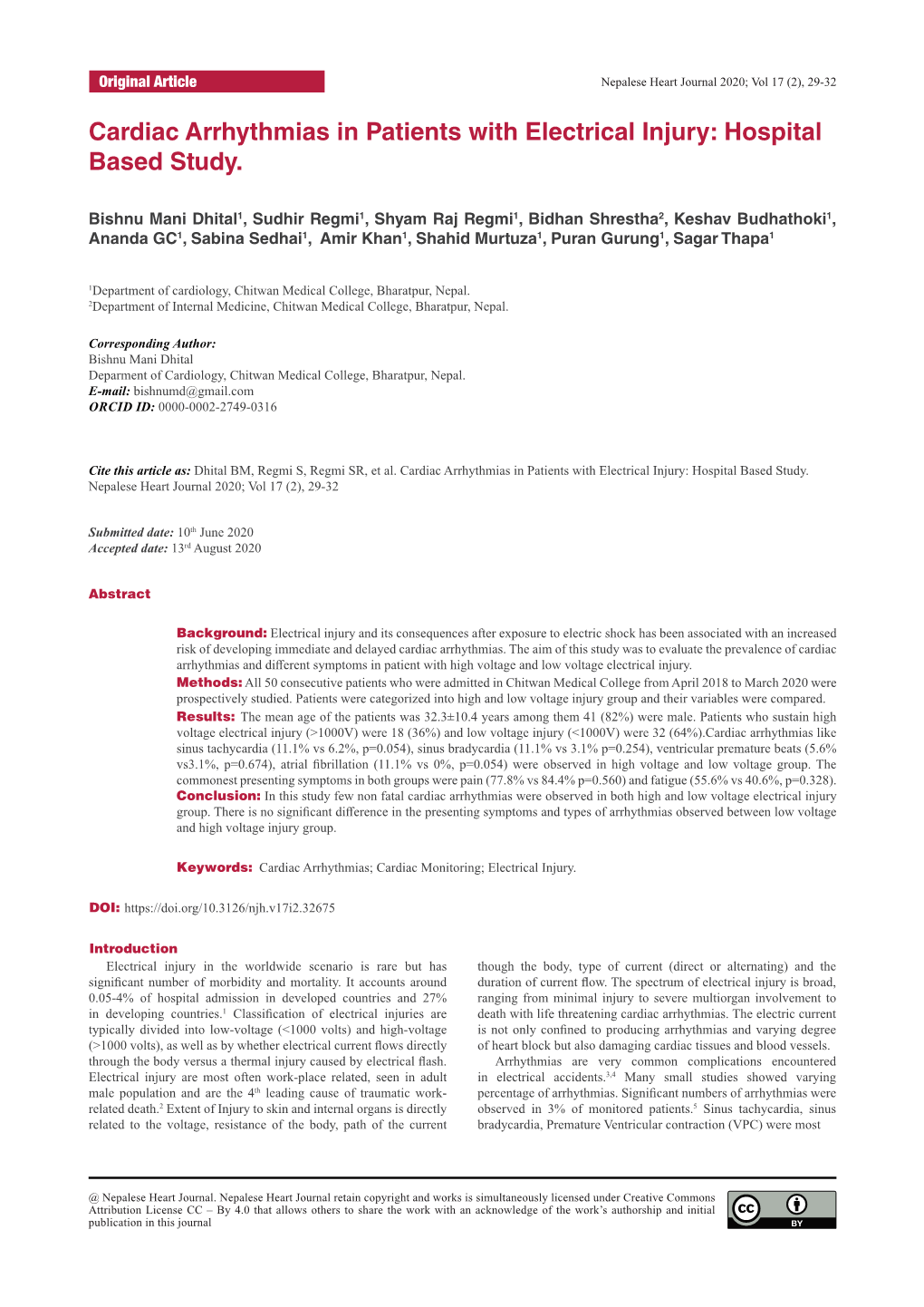 Cardiac Arrhythmias in Patients with Electrical Injury: Hospital Based Study