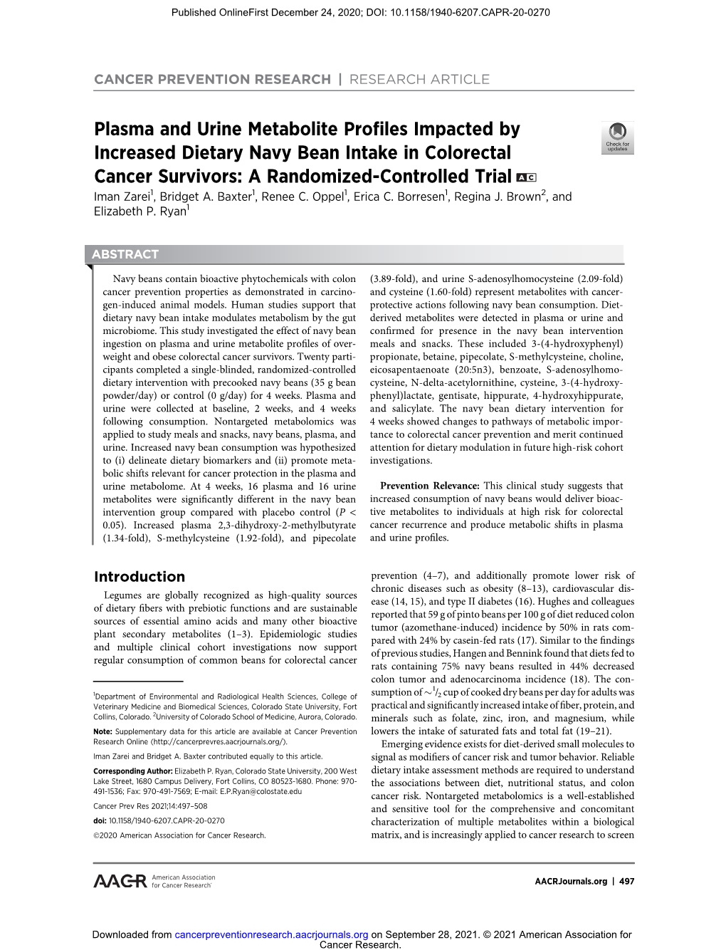 Plasma and Urine Metabolite Profiles Impacted by Increased Dietary Navy Bean Intake in Colorectal Cancer Survivors: a Randomized-Controlled Trial