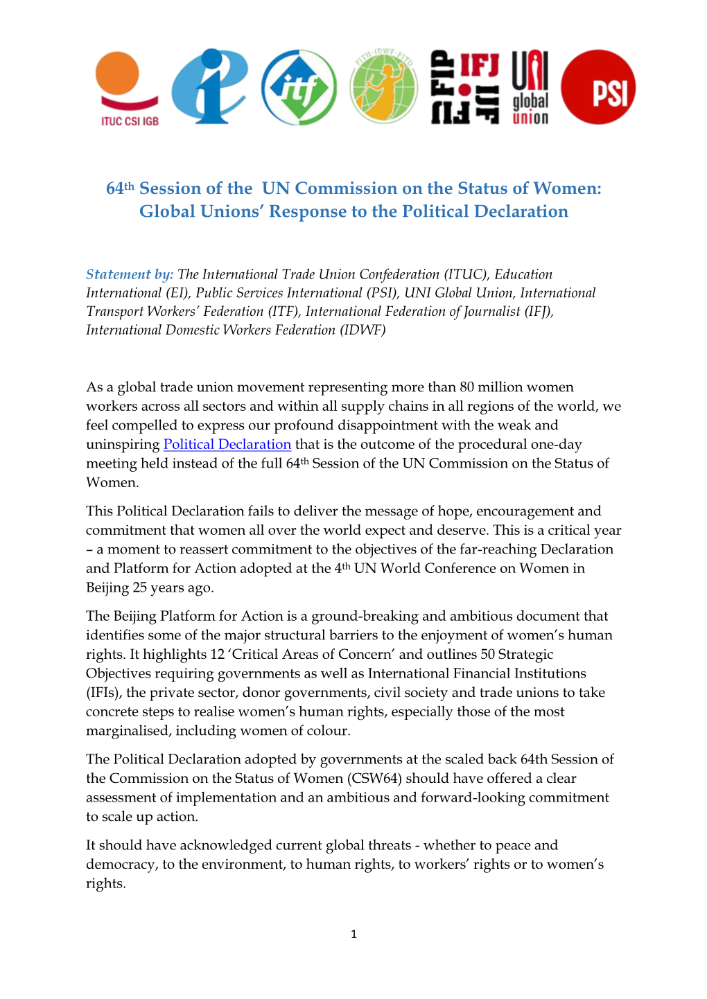 64Th Session of the UN Commission on the Status of Women: Global Unions’ Response to the Political Declaration