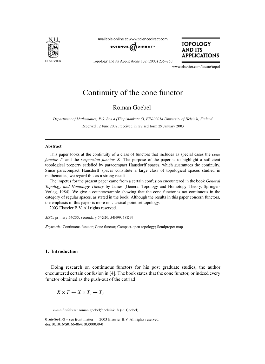 Continuity of the Cone Functor