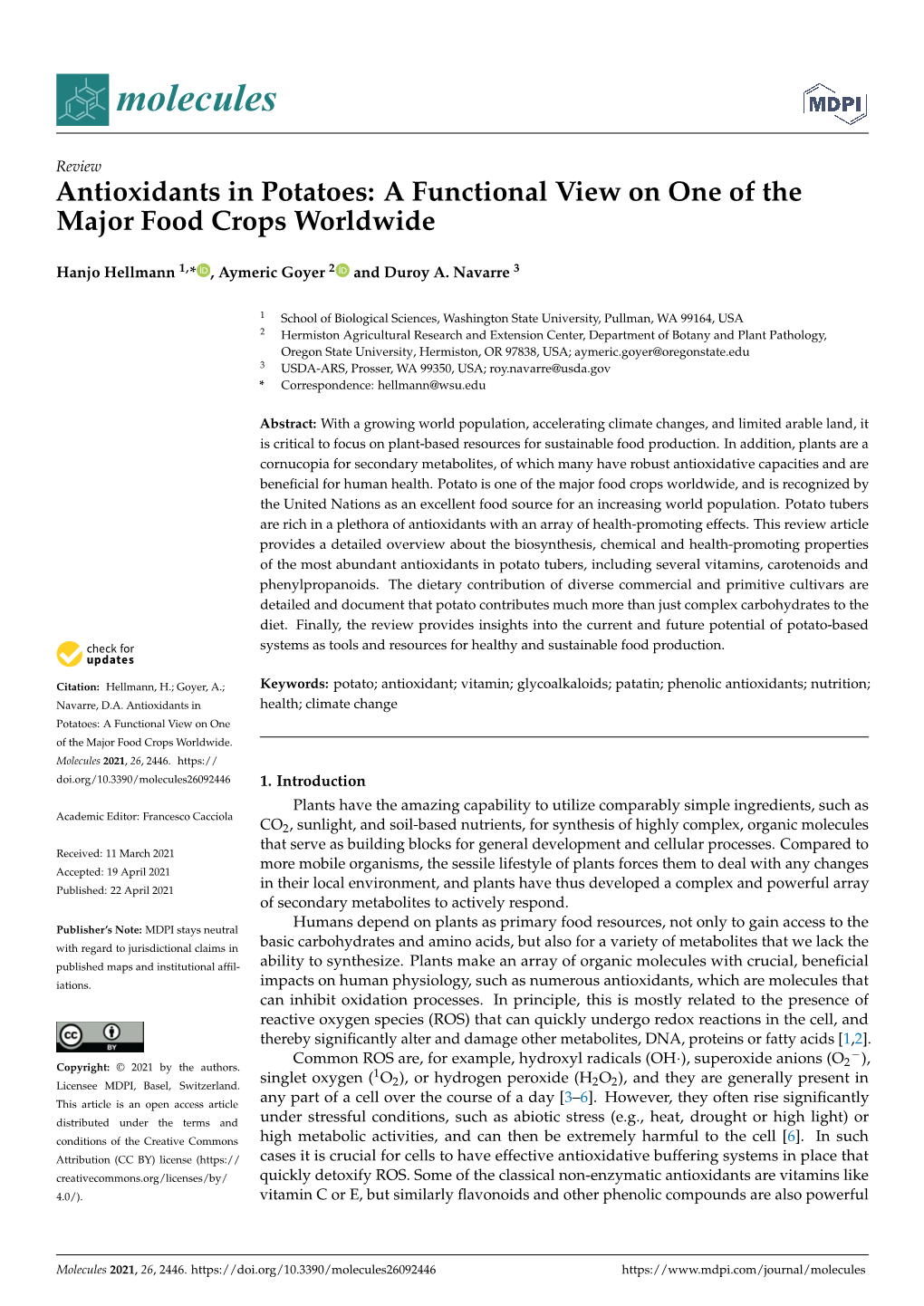 Antioxidants in Potatoes: a Functional View on One of the Major Food Crops Worldwide