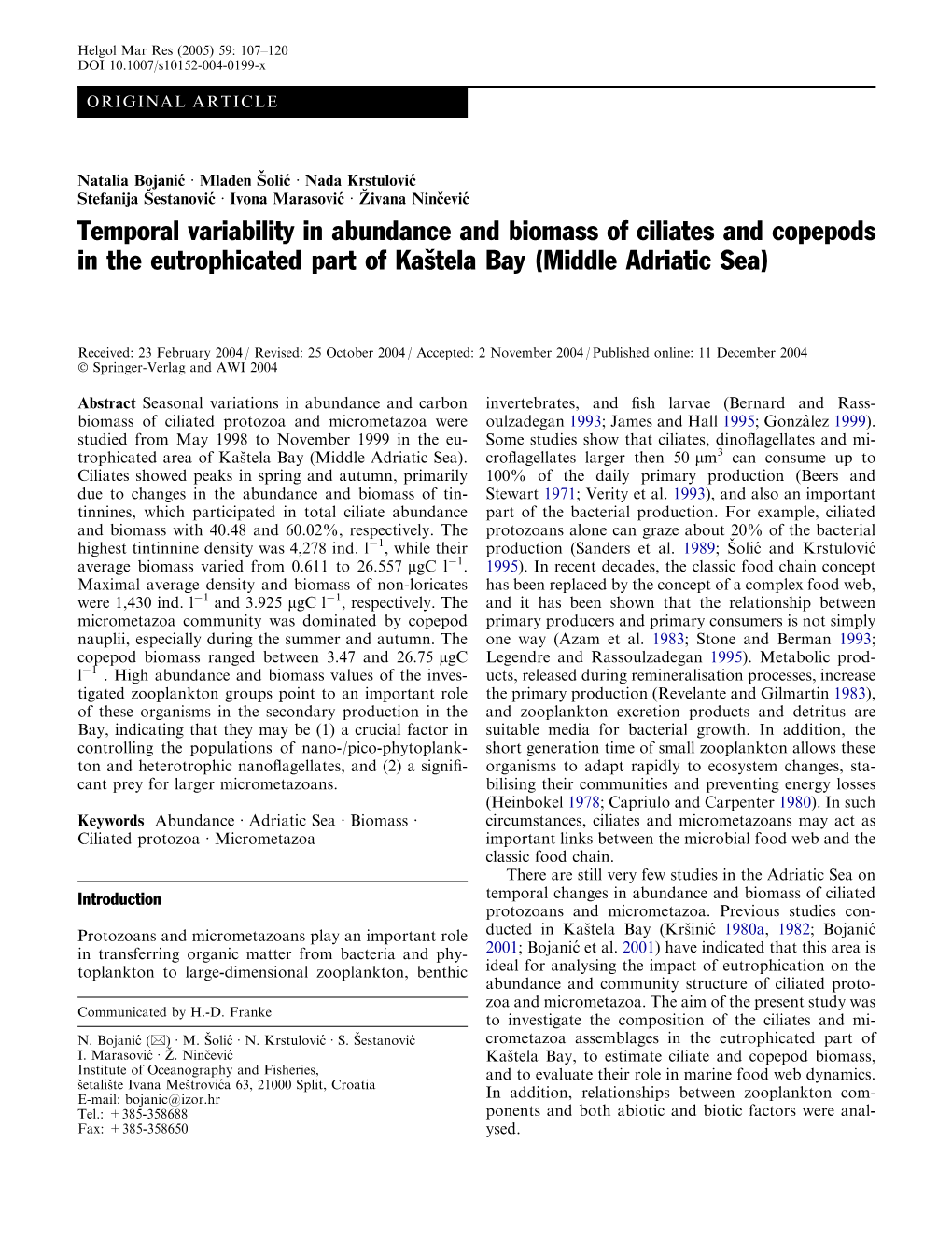 Temporal Variability in Abundance and Biomass of Ciliates and Copepods in the Eutrophicated Part of Kasˇtela Bay (Middle Adriatic Sea)