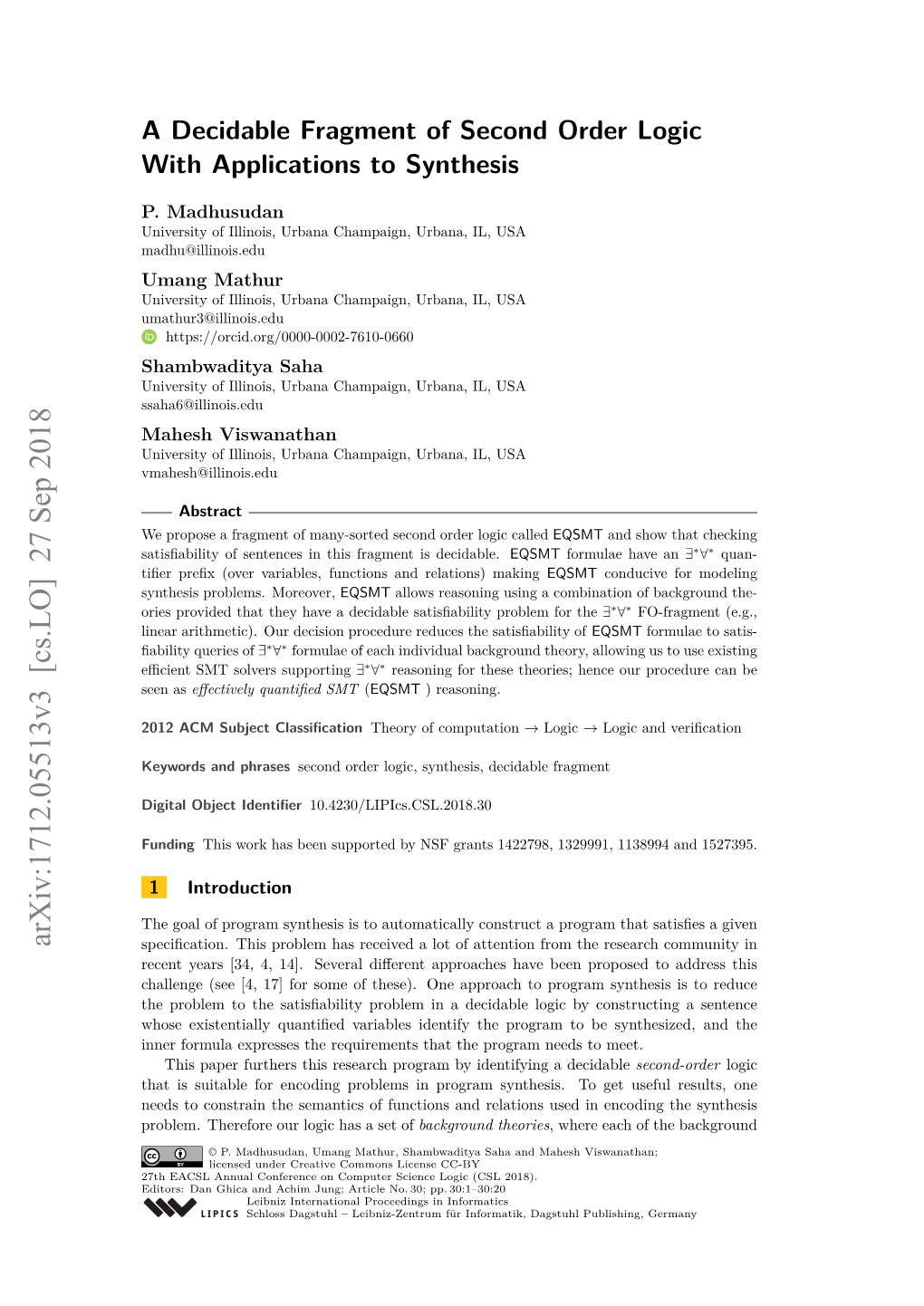 A Decidable Fragment of Second Order Logic with Applications to Synthesis