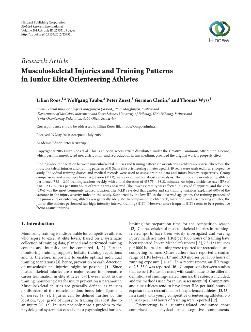 Research Article Musculoskeletal Injuries and Training Patterns in Junior Elite Orienteering Athletes